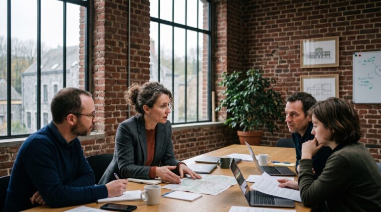 Équipe de direction en réunion de travail, une dirigeante mène la discussion