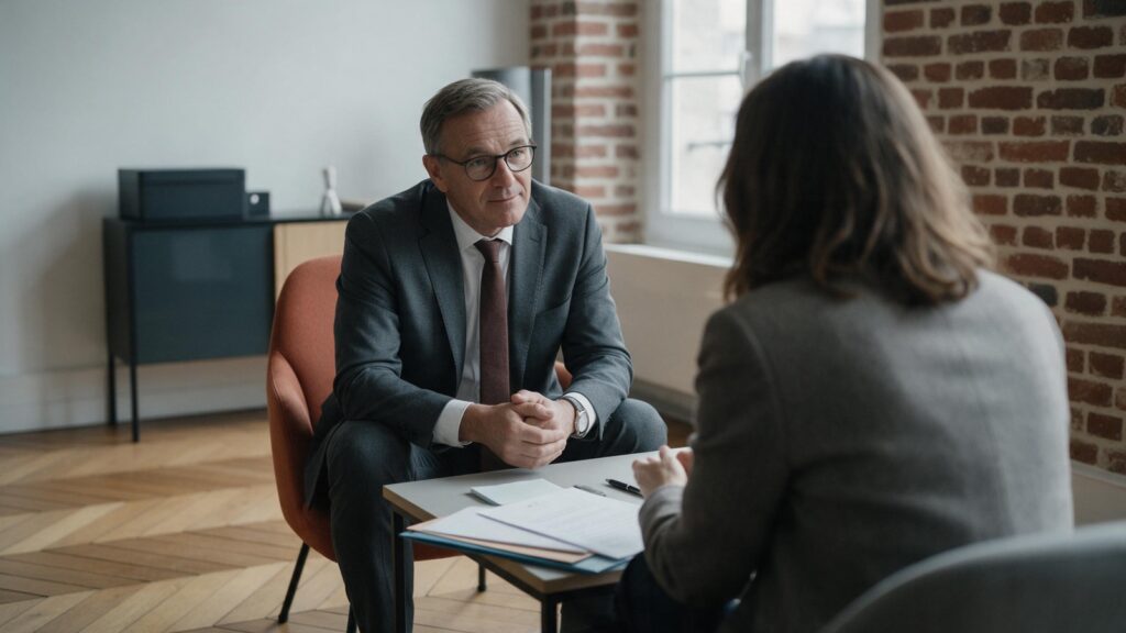 Dirigeant en entretien stratégique, face à face autour d'une table de travail
