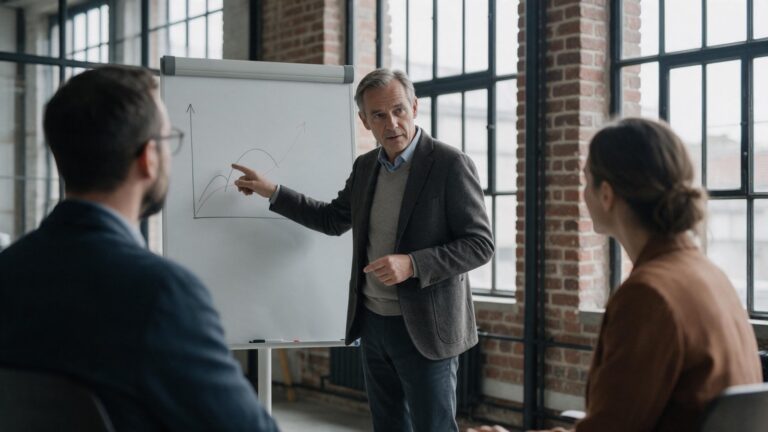 Dirigeant présentant une courbe de croissance sur un paperboard devant deux collaborateurs