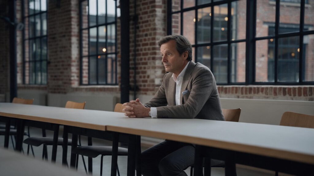 Dirigeant seul au bout d'une grande table, dans un bâtiment en brique aux verrières industrielles