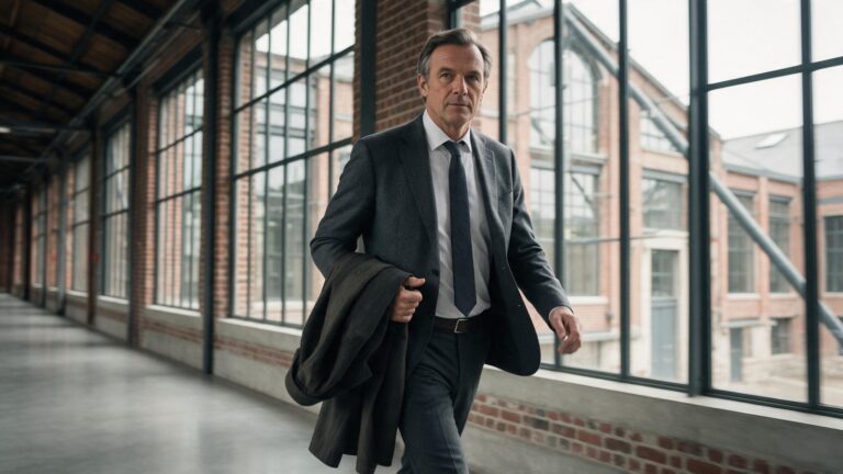 Dirigeant avançant d'un pas décidé dans la galerie d'un bâtiment industriel réhabilité